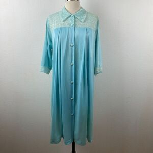 Vintage Henson Kickernick Robe Womens XLarge Aqua Blue Nylon Lace Lounge Dress